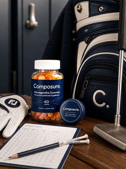 Composure jar and carry tin on a locker-room bench beside a glove, scorecard and putter