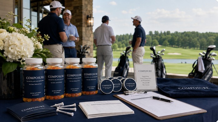 Composure jars laid out on a table at a corporate golf day